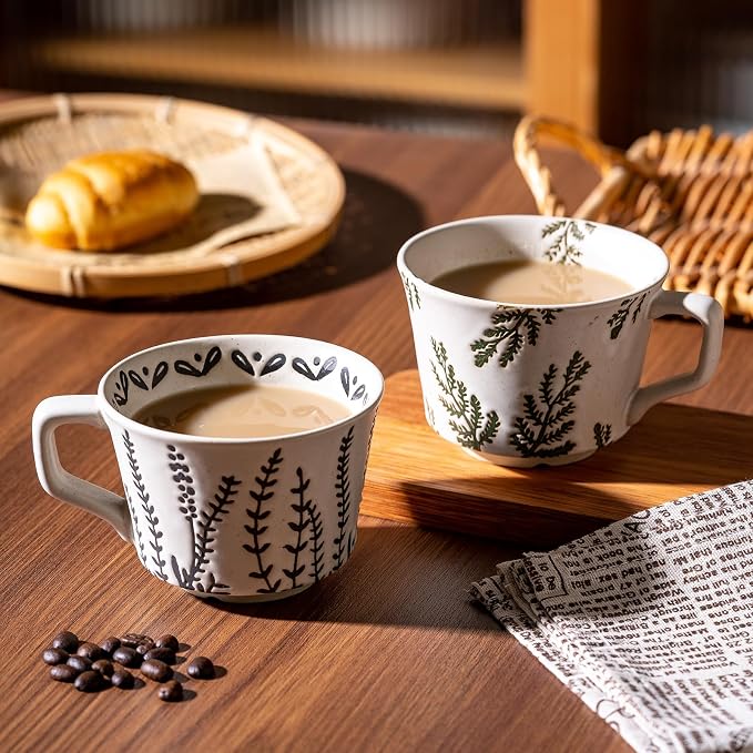 Coffee Mugs Set of 4 with Gold Spoon, 11 oz Ancient Style Hand-painted Ceramic - Image 6