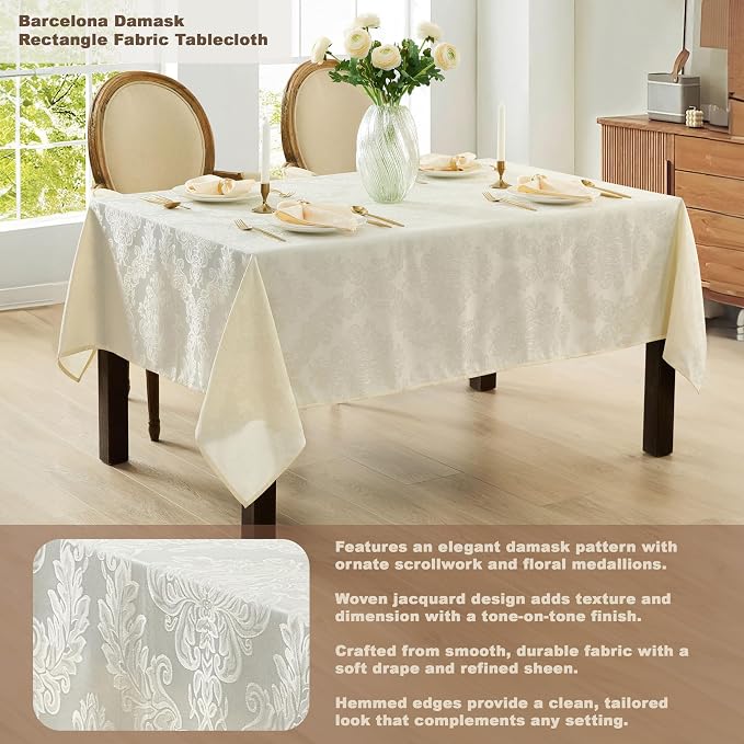 Newbridge Barcelona Luxury Damask Fabric Tablecloth, 60” Wide x 120” Rectangle - Image 2