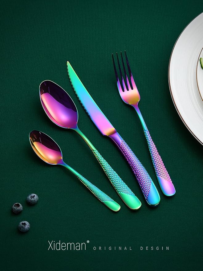 Xideman® 16-Pc Modern Rainbow Hammered 18/10 Stainless Steel Silverware Set | - Image 2