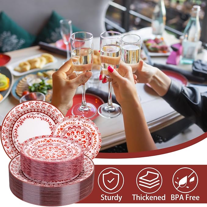 Red Plastic Plates, Floral Disposable Plates, 10.25" dinner & 7.5" dessert - Image 6