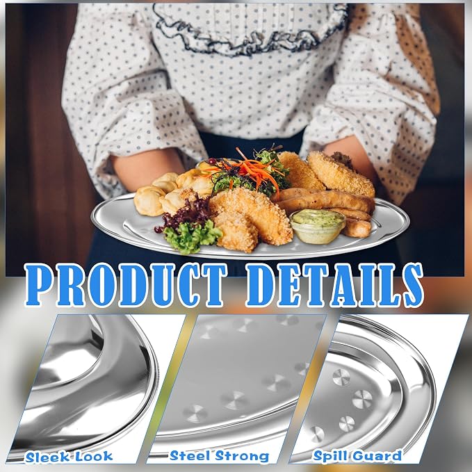 9 Pcs Stainless Steel Oval Platter Heavy Duty Metal Oval Serving Tray Set - Image 3