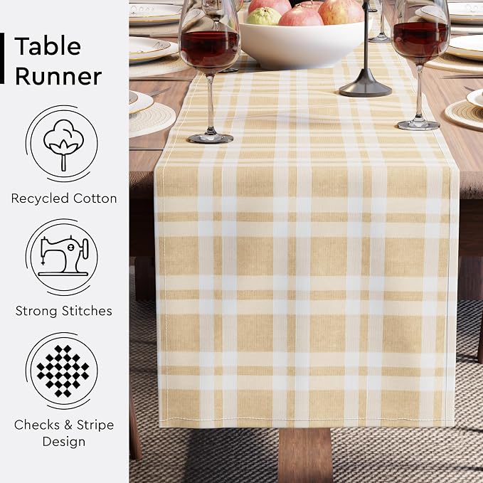 Encasa XO Table Runner, Woven Cotton Dining Runner 13"x120" Franca Beige Checks - Image 4