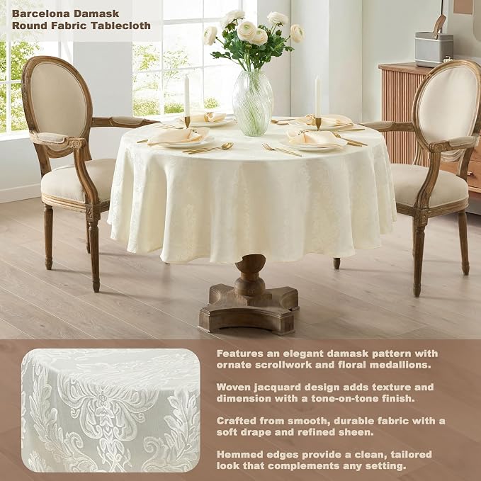 Newbridge Barcelona Luxury Damask Fabric Tablecloth, 90” Round, Antique White - Image 2