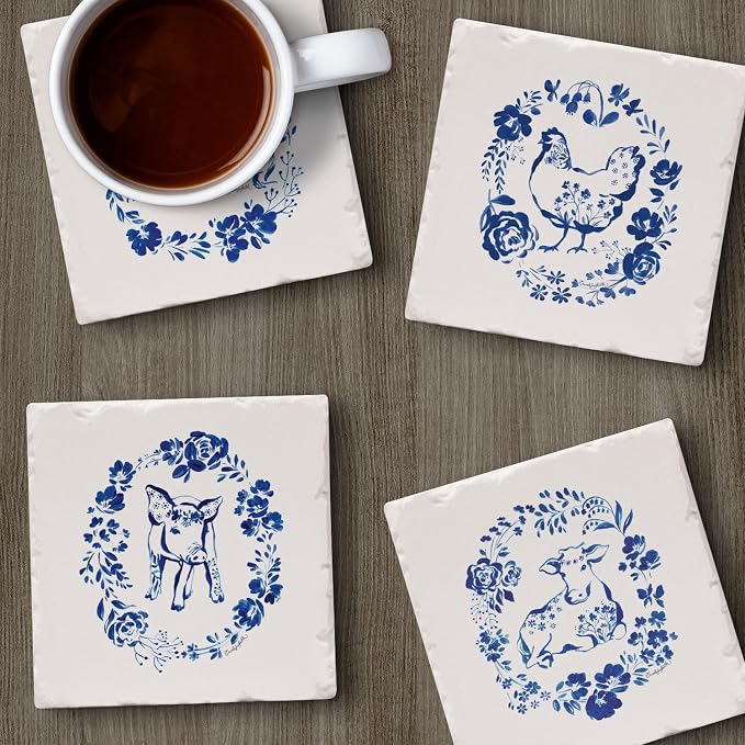 Thirstystone Blue Painted Farm 4 Pack Tumbled Tile Stone Coasters | 4" Square - Image 5