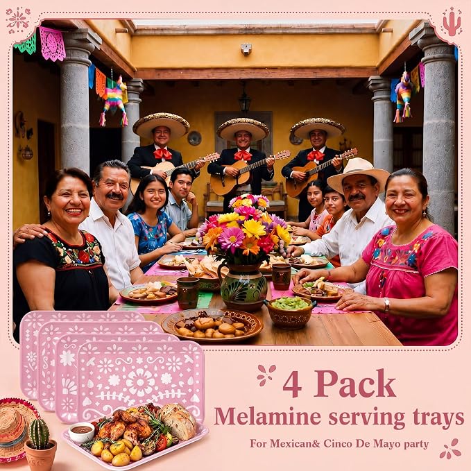 4 Pieces Mexican Serving Trays Pink Fiesta Melamine Platters Reusable Rectangle - Image 7