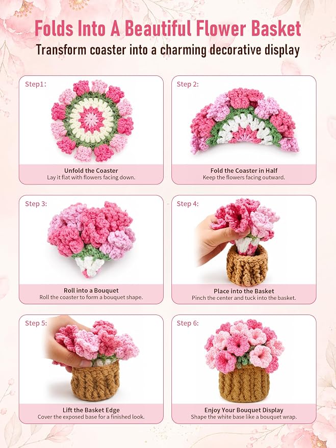 Crochet Flower Bouquet Coasters, Cotton Tulip Gifts - Image 3
