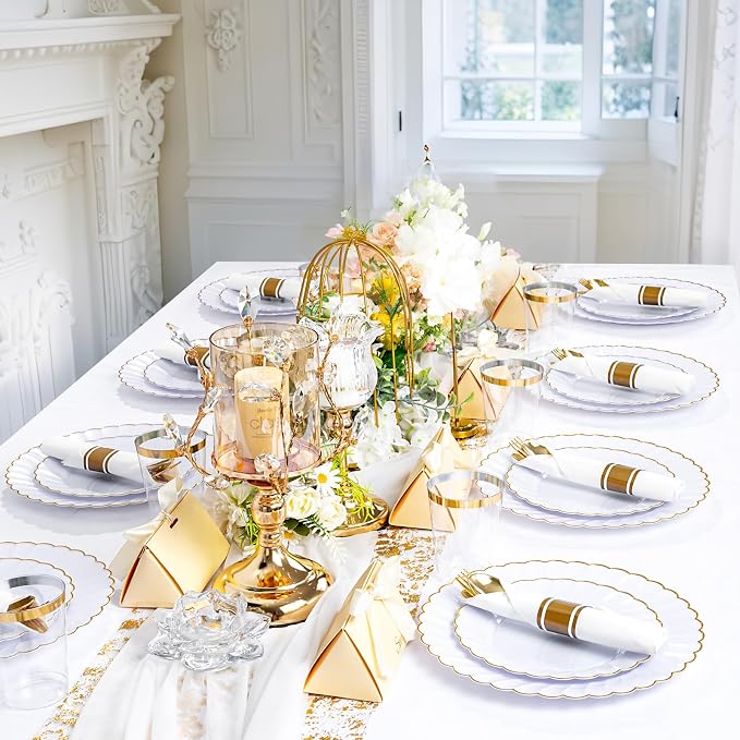 YOUBET 350PCS White and Gold Scalloped Plastic Plates - Image 7