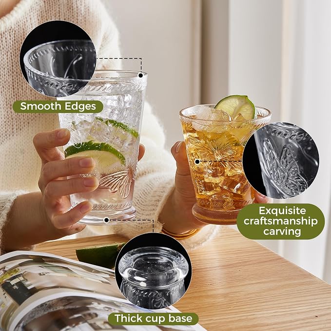 4 Pack Embossed Vintage Mixed Drinking Glasses, 12 Oz & 9 Oz Glasses | Embossed - Image 3
