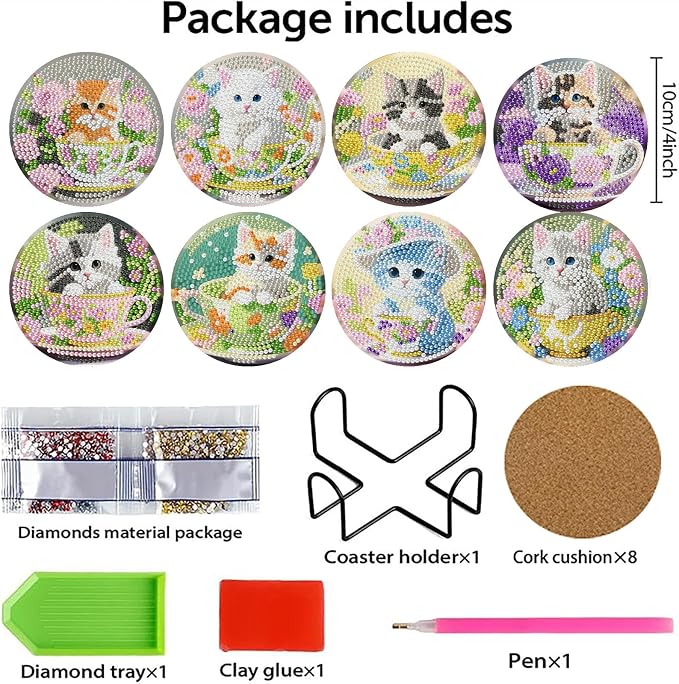 Mrnsiet 8PCS Cat Diamond Art Coaster Kits - Image 3