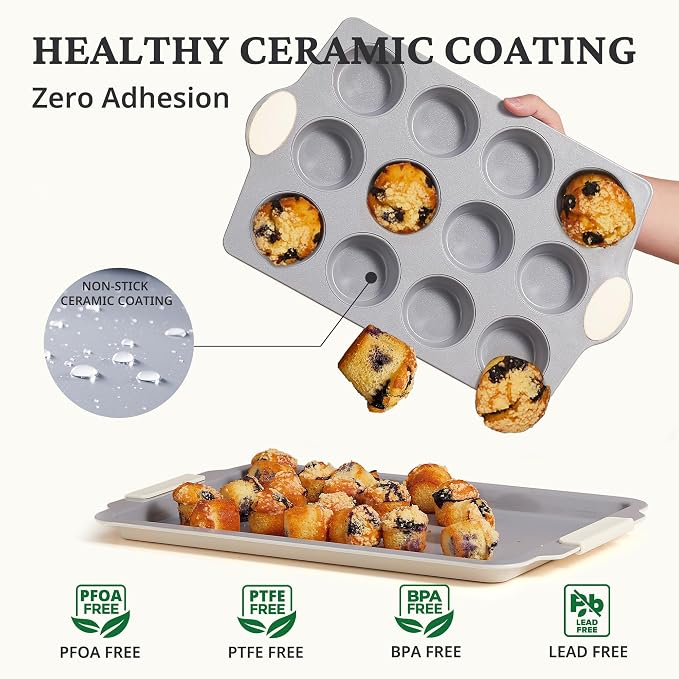 BRONYPRO 2-Pack 12 Cup and Mini 24 Cup Non Toxic Nonstick Ceramic Muffin Pan & - Image 3