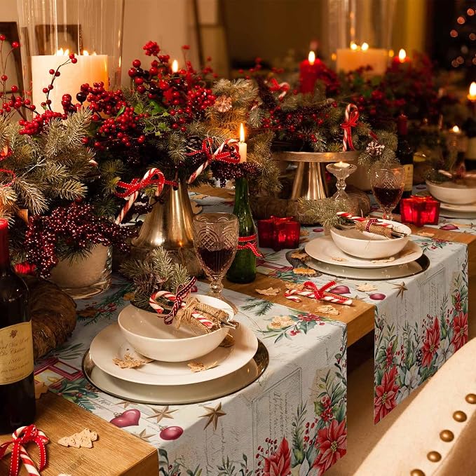 Christmas Poinsettia Table Runner 120 Inches Long, Winter Xmas Balls Birds - Image 6