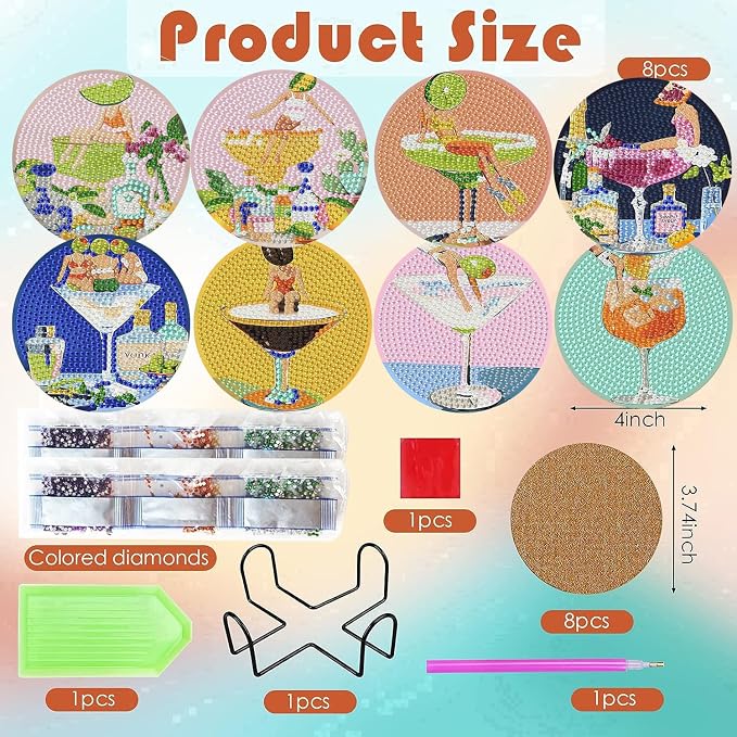 ijbnhd 8 Pcs Cocktail Diamond Art Coasters Kits, 4x4 inch | Cocktail Diamond - Image 3