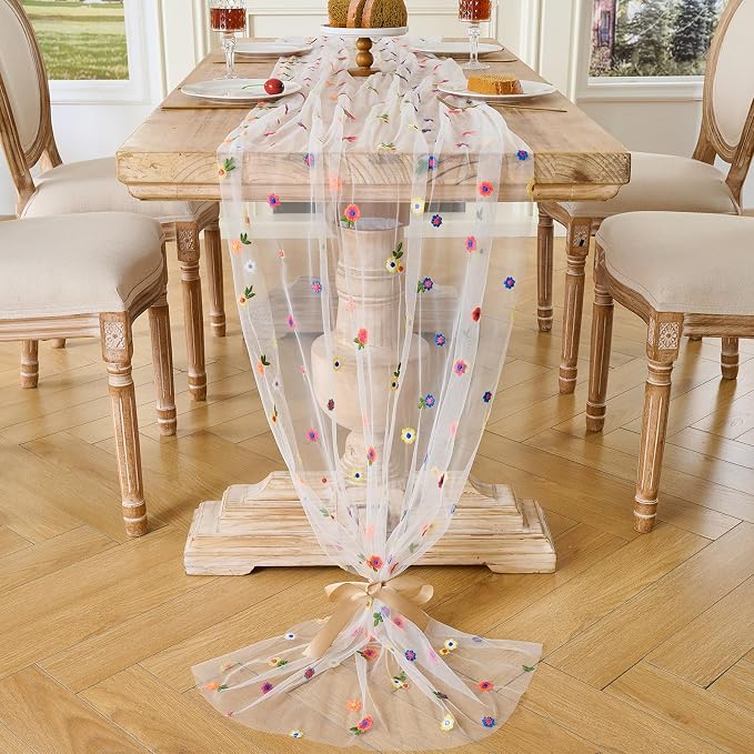 BINBE 6pcs Ivory Daisy Spring Table Runner Embroidery Gauze 10FT Florals - Image 7