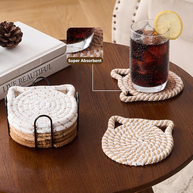 Coasters Set of 8 with Holder for Drinks, Absorbent Cotton Woven Coasters for - Image 2