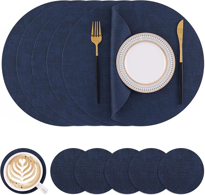 Homaxy Round Faux Leather Placemats and Coasters, Wipeable Place Mats, by Homaxy
