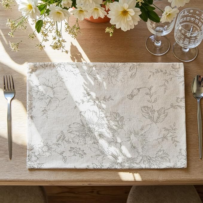 JINCHAN Alice Linen Floral Placemats Set of 4 Farmhouse 13x19 Inch Grey | by JINCHAN