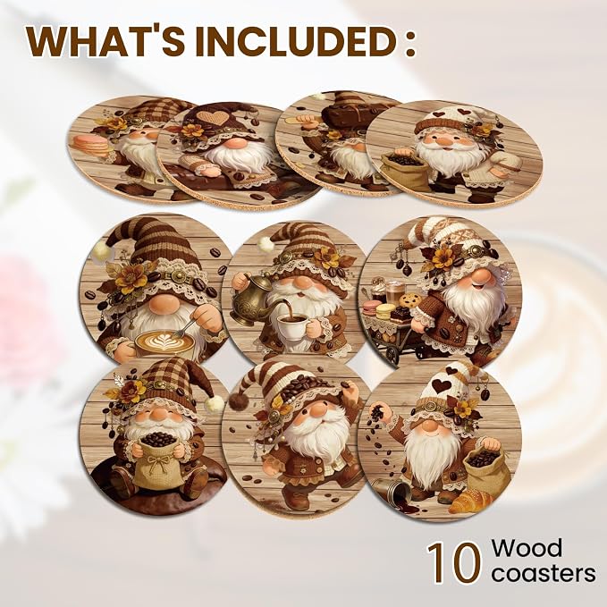 10pcs Coasters for Drinks Cute Coffee Gnome Absorbent Coasters Set Round - Image 3