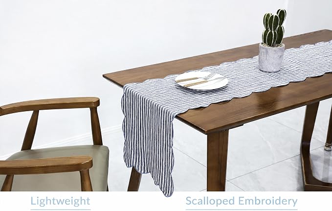 100% Natural Linen Rustic Scalloped Embroidery Table Runner 108 Inches Long - Image 4