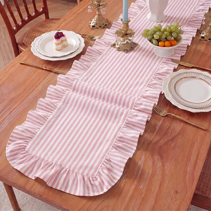 HunnmingRe Ruffle Trim Boho Table Runner Farmhouse Rustic Stripes Scalloped - Image 4