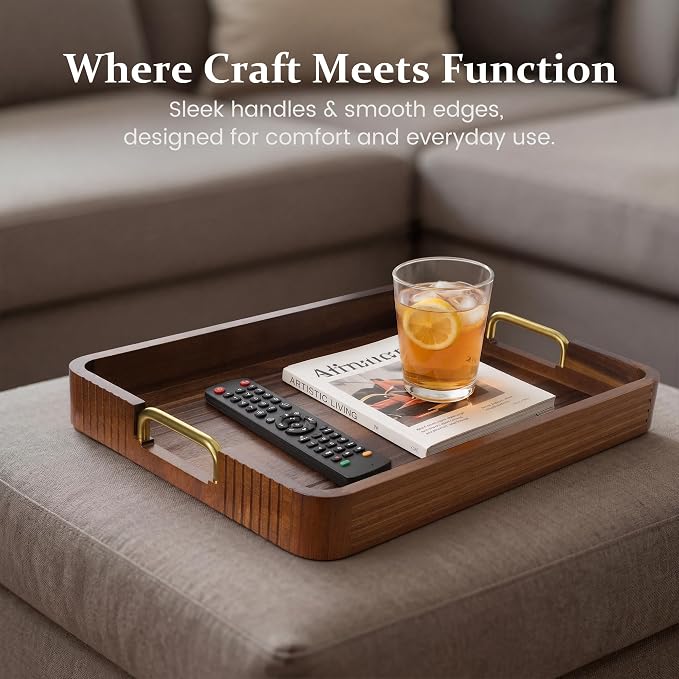 Acacia Wood Serving Tray with Metal Handles, Decorative Coffee Table Tray & - Image 5