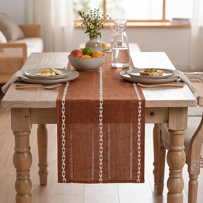Artoid Mode Caramel Rustic Cotton Linen Table Runner, Seasonal Fall Embroidered - Image 2