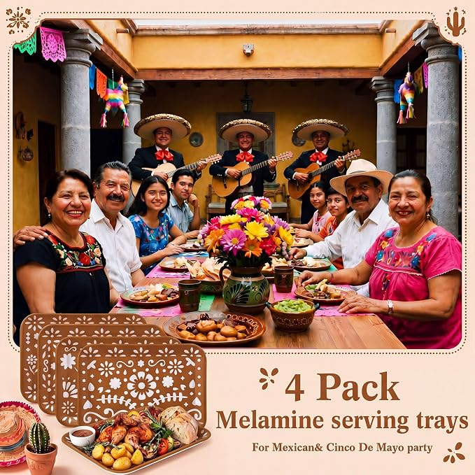 4 Pieces Mexican Serving Trays Brown Fiesta Melamine Platters Reusable - Image 7