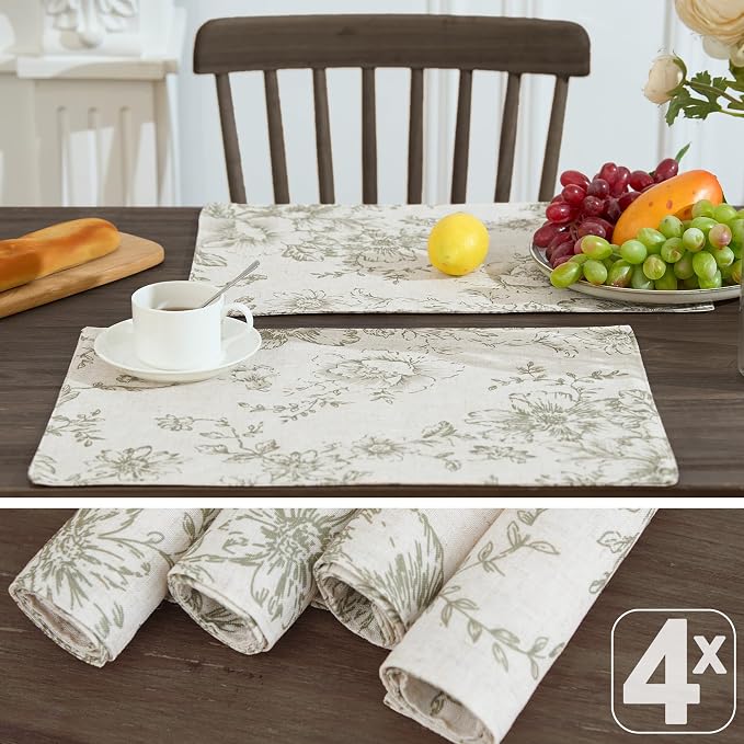 JINCHAN Alice Linen Floral Placemats Set of 4 Farmhouse 13x19 Inch Green | - Image 4