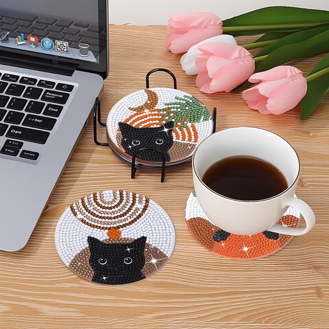 8 Pcs Boho Diamond Art Painting Coasters Holder Black Cat | Abstract Diamond - Image 7