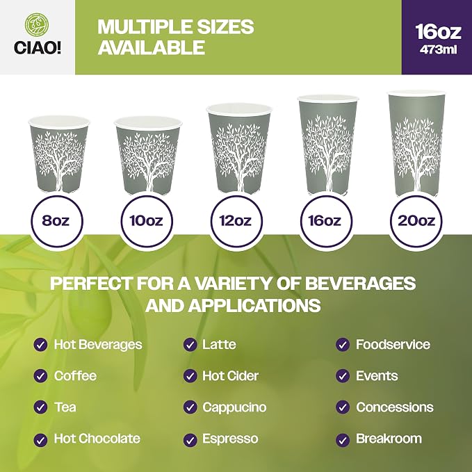 CIAO! 16oz Paper Hot Cup, Rooted Olive Print - Image 5