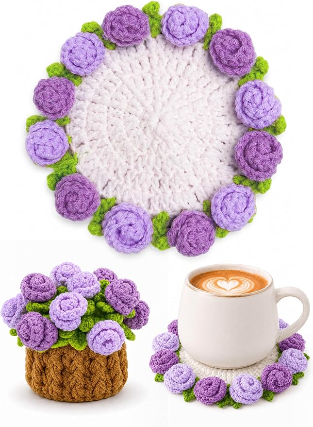Crochet Flower Bouquet Coasters, Cotton Rose Gifts by KQJS