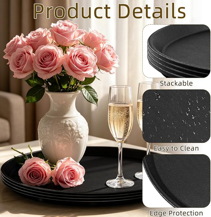 14 Inch Round Non-Slip Serving Tray | 4 Pack Plastic Rubber Food Serving Platter - Image 3