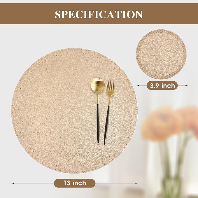 Set of 6 Faux Leather Gold Round Placemats and Coasters, Coffee Mats Kitchen - Image 4