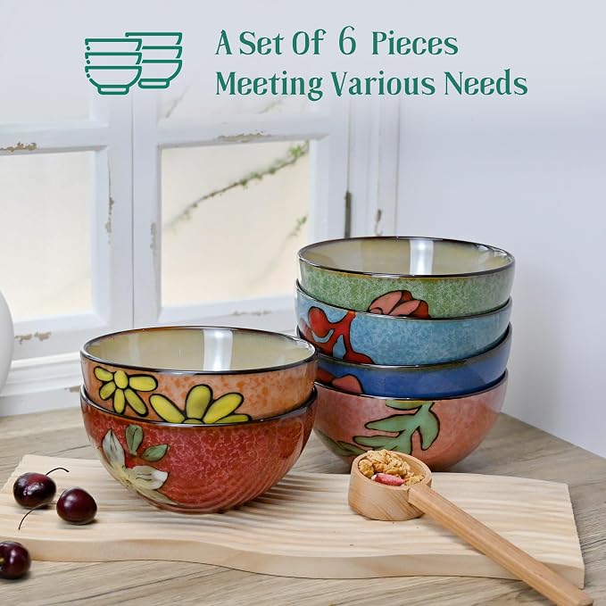 Ceramic Cereal Bowls Set of 6, Floral Design 6 inch – 28oz - Image 7
