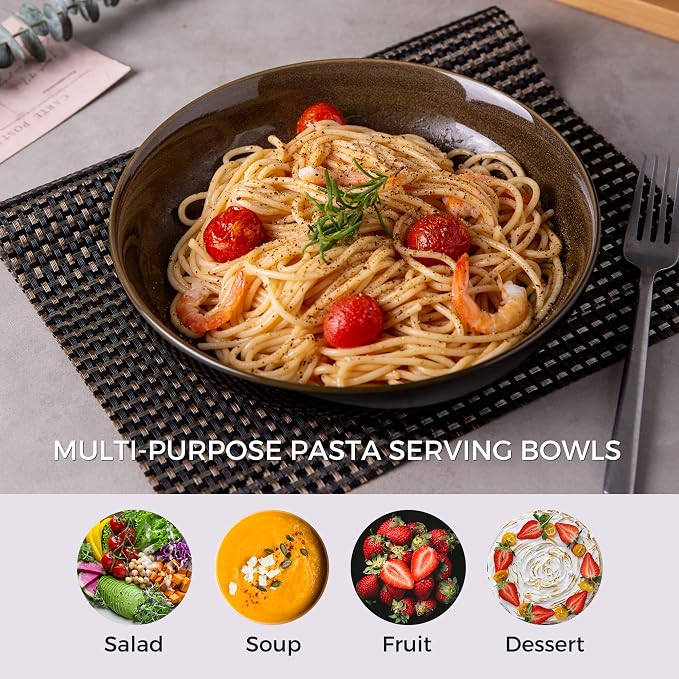 LERATIO 9.0" Ceramic Pasta Bowls Set of 4, 38oz Large Stoneware Bowls Set | - Image 8
