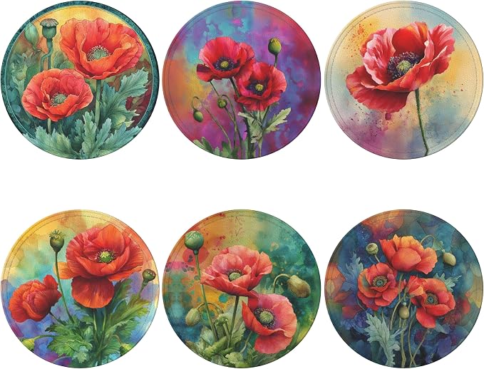 Red Flowers Coasters Leather Round Drink Coasters 6 Pcs Set - Image 2