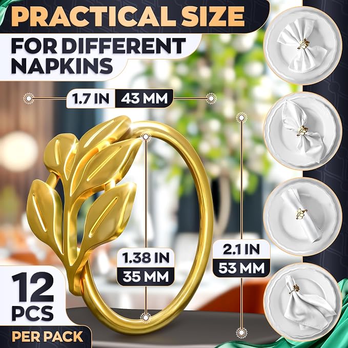 Gold Napkin Rings Set of 12, Leaf Design Metal Holders - Image 2