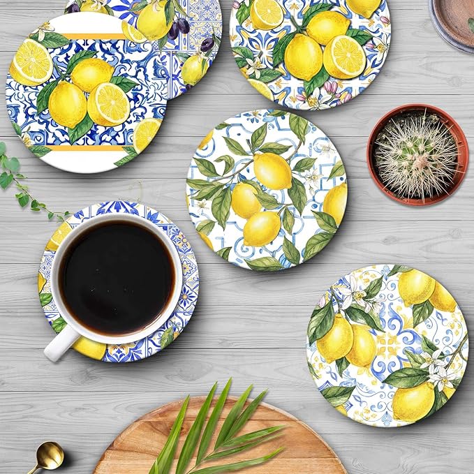 Coasters for Drinks, Ceramic Stone Yellow Blue | Absorbent Round Lemon Fruit - Image 4