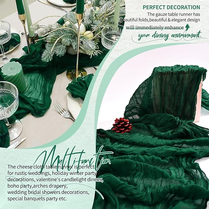 Showgeous 2 Pack Emerald Green Cheesecloth Table Runners Boho Wedding Decor | - Image 6