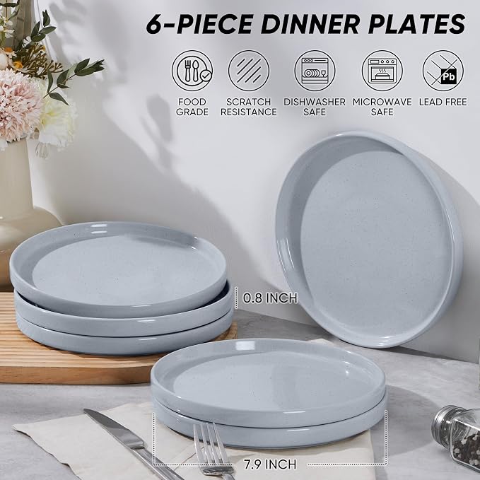 E-far 7.9 Inch Ceramic Dinner Plates, 6-Piece Stoneware Salad Plates, Chip & - Image 2