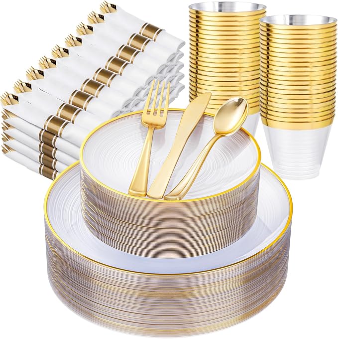 Morejoy 350PCS Clear Gold Plastic Plates by Morejoy