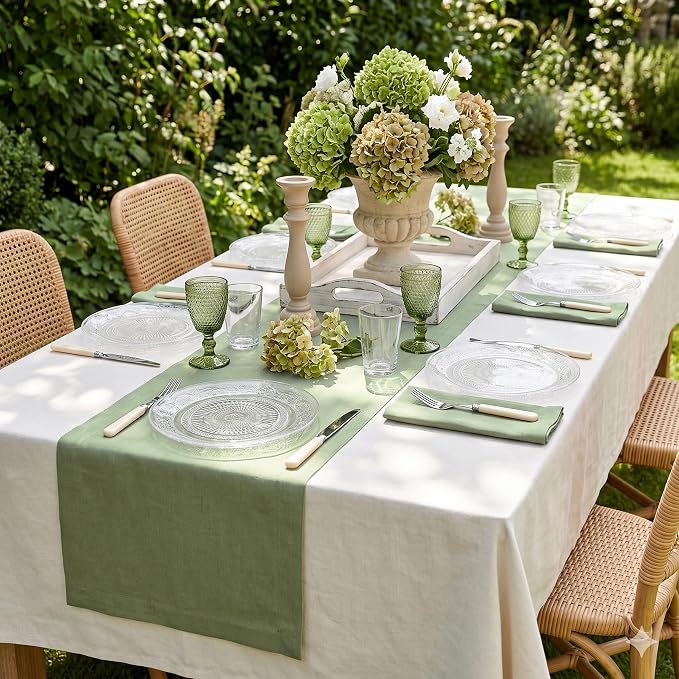 Solino Home 100% Pure Linen Table Runner Oil Green Long, Fete 14 x 120 in | - Image 2