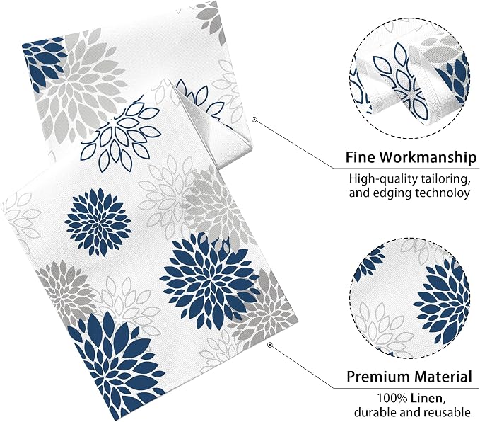 Dahlia Flower Table Runner 13x90 Inch Farmhouse Blue Gray Runners Modern Table - Image 2
