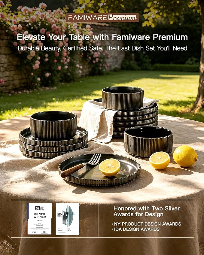 Stoneware Dinnerware Set for 4, Reactive Glaze, Handmade Ribbed Dishes - Image 7