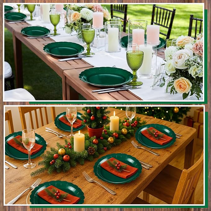 NatNarr 30 Pcs Dark Green Plates 9 Inch Scalloped Green Paper Plates | - Image 6