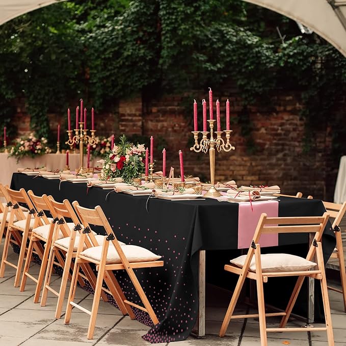 16Pack Disposable Plastic Tablecloths and Satin Table Runner Set Black and Rose - Image 7