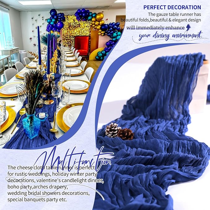 Showgeous 2 Pack Royal Blue Cheesecloth Table Runners Boho Wedding Decor | - Image 6