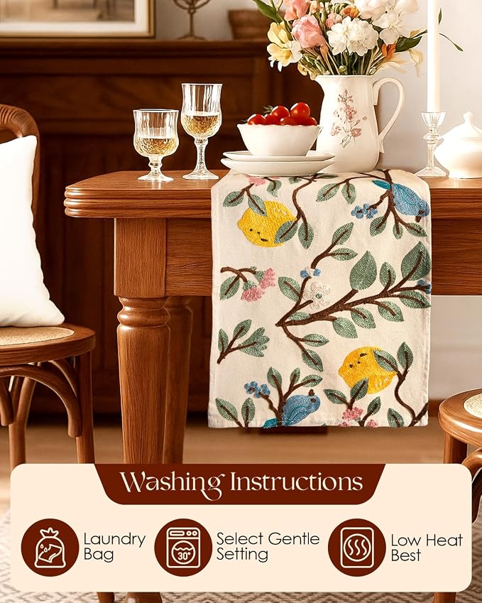 Canvas Embroidered Narrow 13"x 60" Table Runner, Lemon Bird | Exquisite - Image 4