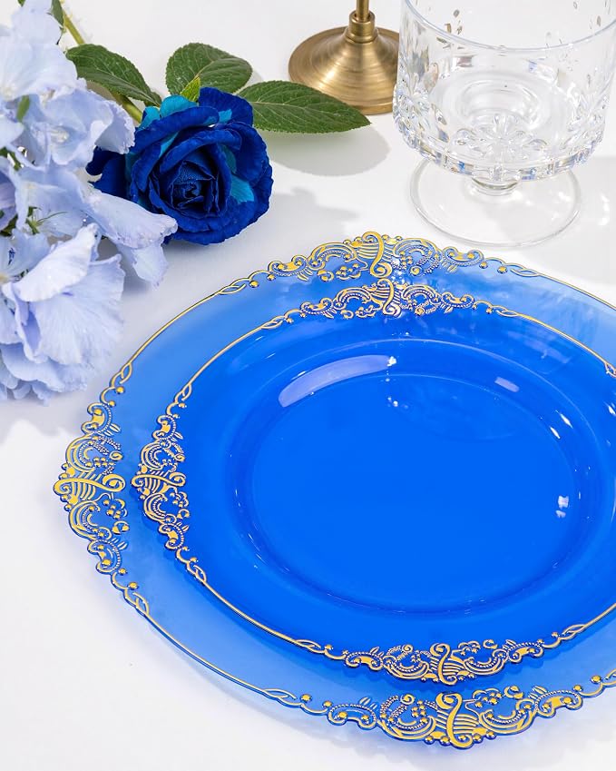 Nervure 175Pcs Blue Plastic Plates, Disposable Dinnerware Set - Image 2
