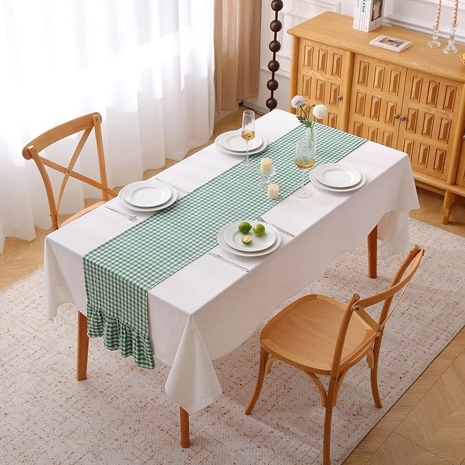 Christmas Green White Plaid Gingham Ruffle Table Runner 108 inches Long 100% - Image 2