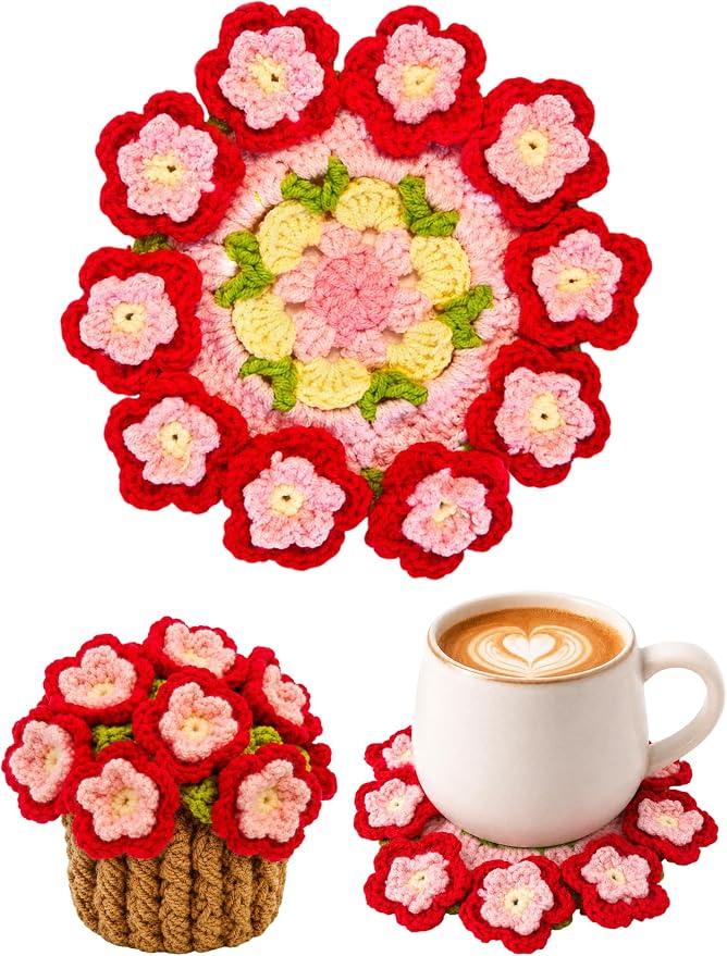 Crochet Flower Bouquet Coasters, Peach Blossom Gift by KQJS